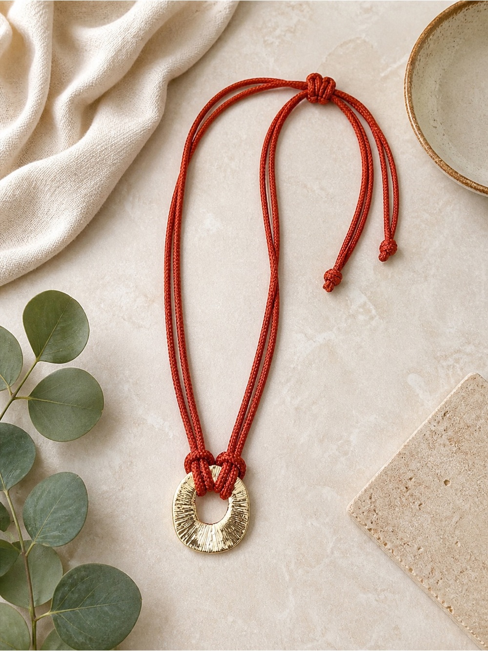 Plunder Gold Medallion Rope Necklace Adjustable Red Cord Boho Statement 15”